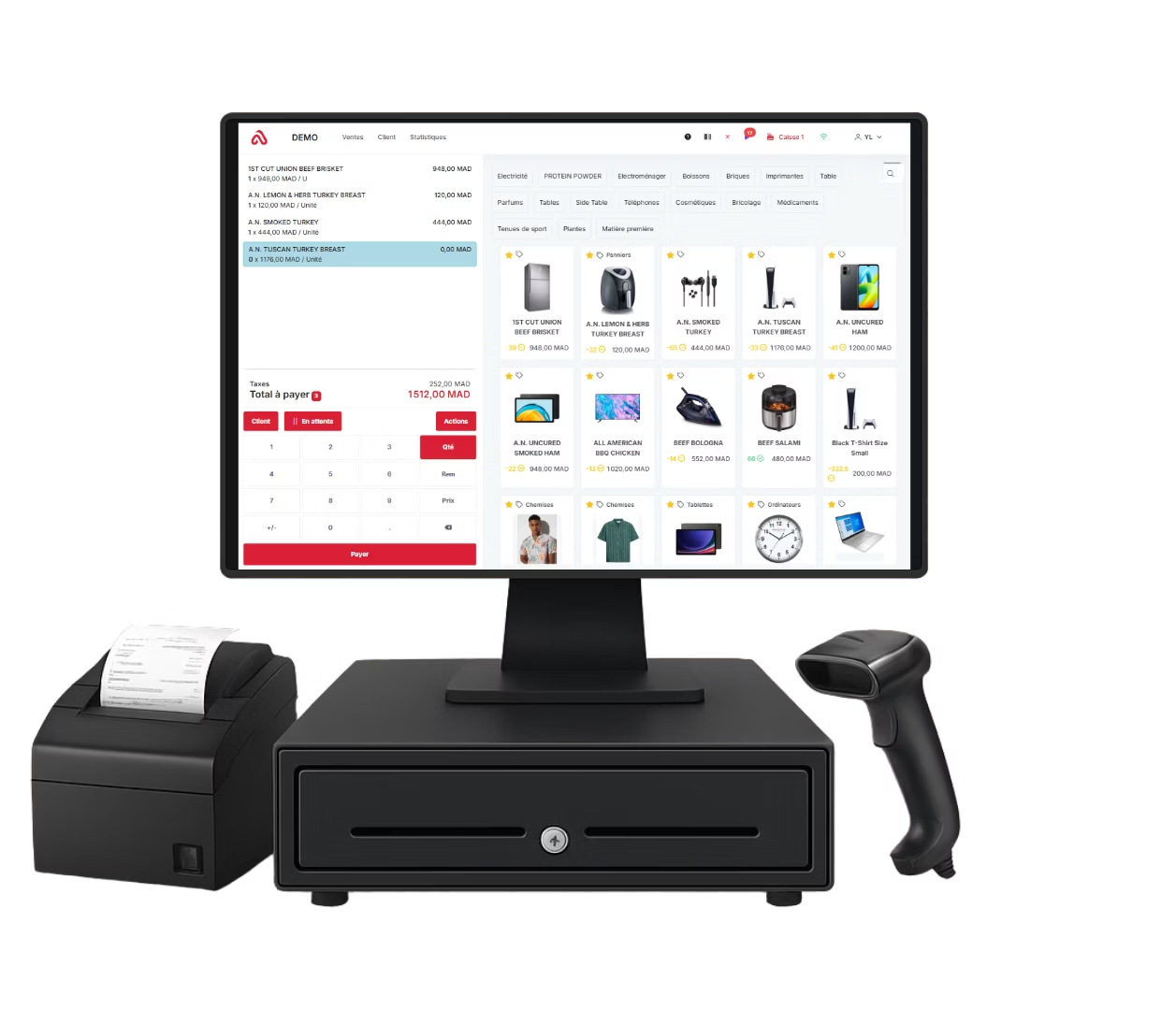 Système de caisse Alina avec écran tactile, lecteur code-barres et imprimante ticket